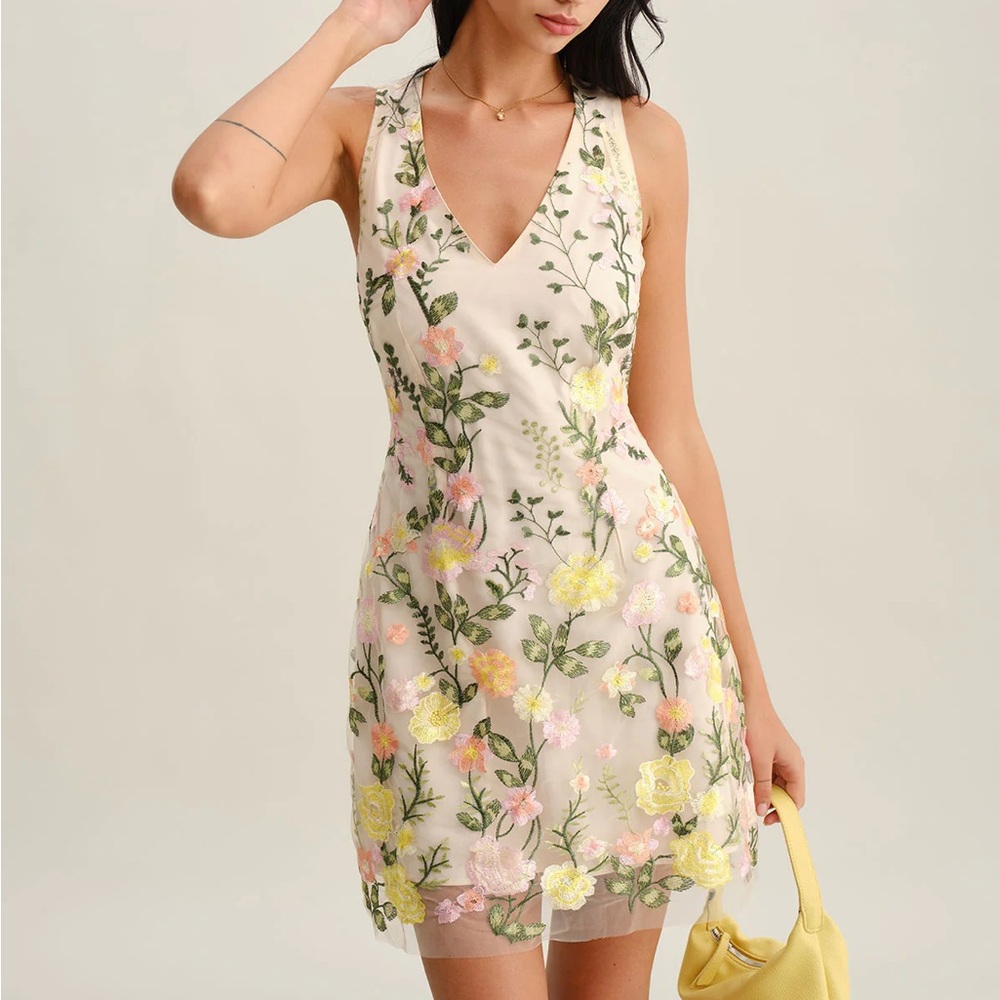 Rihoas Yellow V Neck Floral Sleeveless Mini Dress